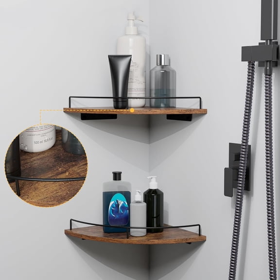 Corner Floating Shelves, Rustic Brown Wood, Set of 2, Wall Mount Storage with Guardrail