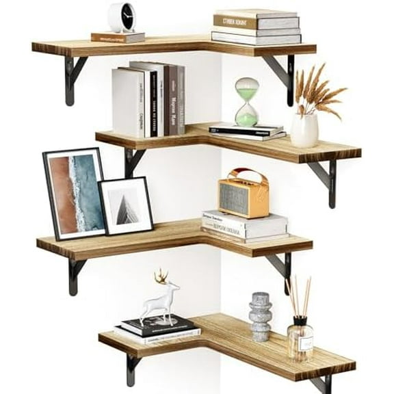 Corner Floating Shelves, Set of 4 Corner Shelves Wall Mounted, Shelves for Wall Decor, Corner Wood Shelves for Home Decor, Office, Bedroom, Bathroom, Laundry Room, Kitchen