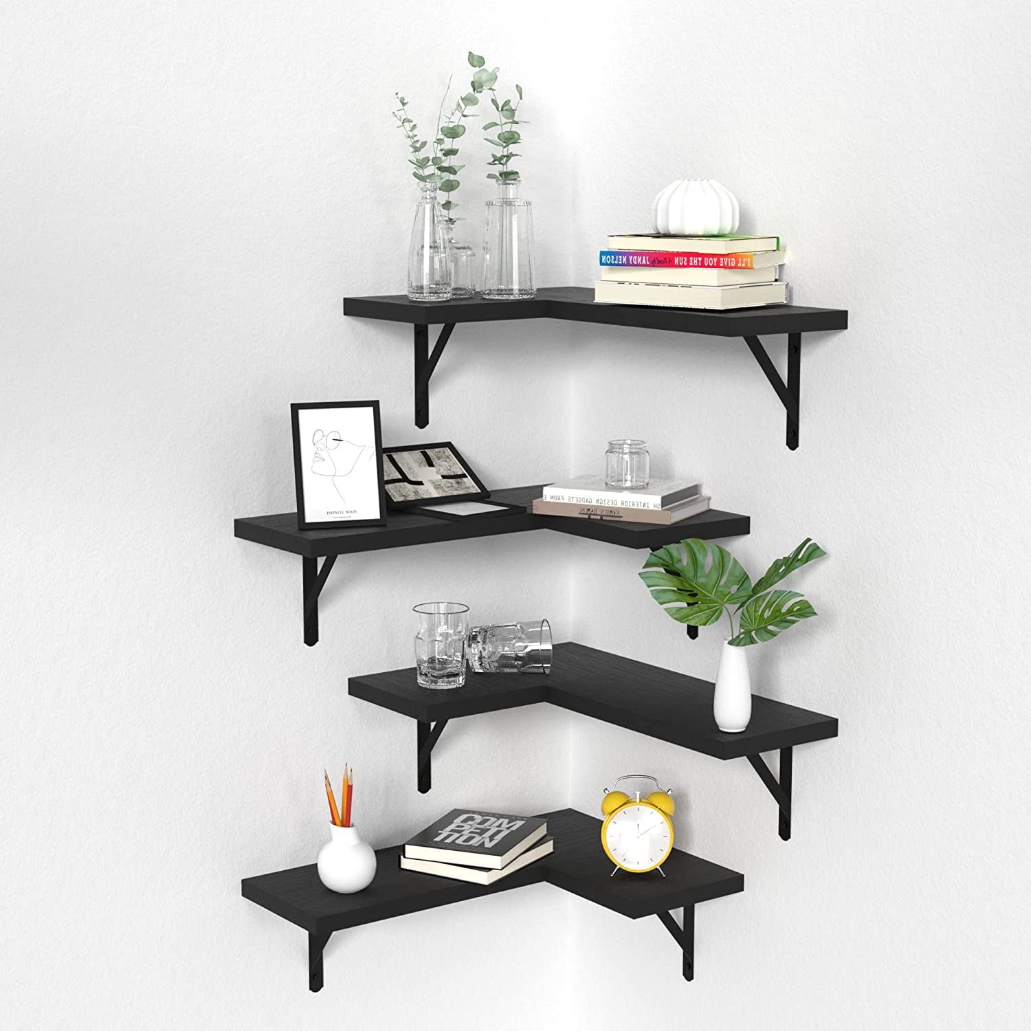 Corner Floating Shelves Set of 4, Corner Shelves Wall Mounted, for Bedroom Kitchen Living Room Bathroom Office- Gothic Style (Black, Set of 4)