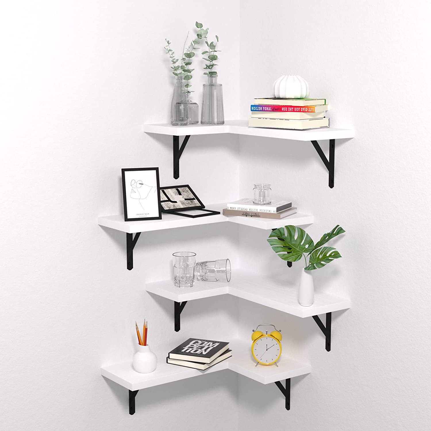 Corner Floating Shelves Set of 4, Corner Shelves Wall Mounted, for Bedroom Kitchen Living Room Bathroom Office- Modern Style (White, Set of 4)
