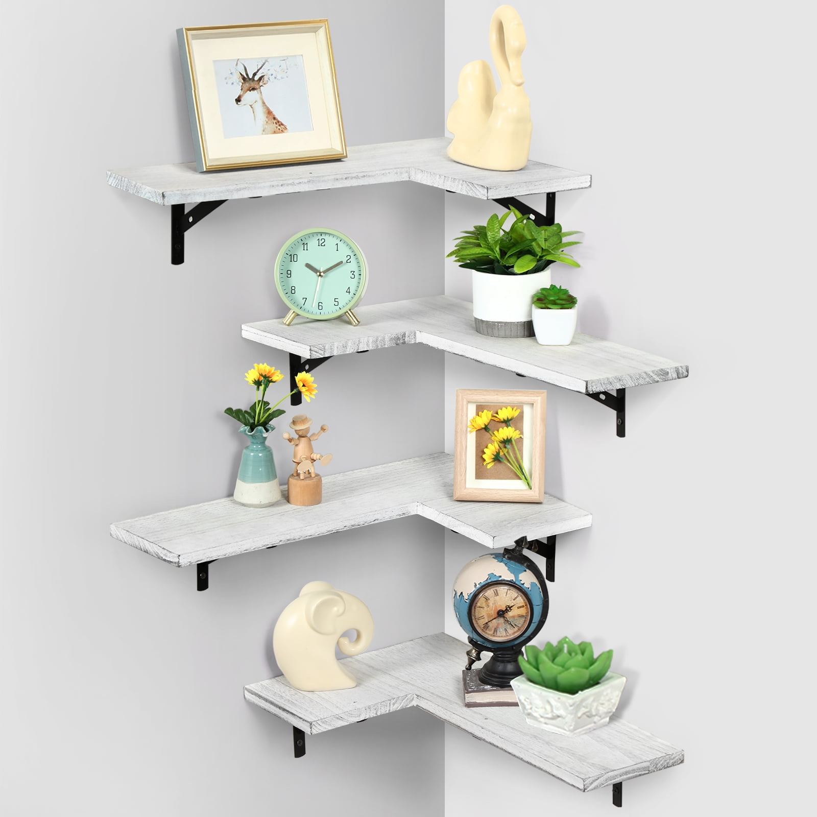 Corner Floating Shelves Set of 4, Wall Mount Wooden Display Shelf