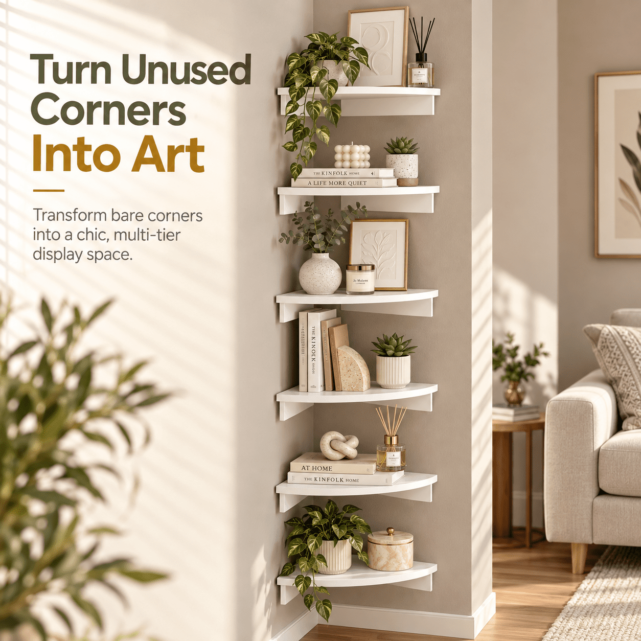 Corner Floating Shelves, Set of 6, 12" Engineered Wood Wall Shelves