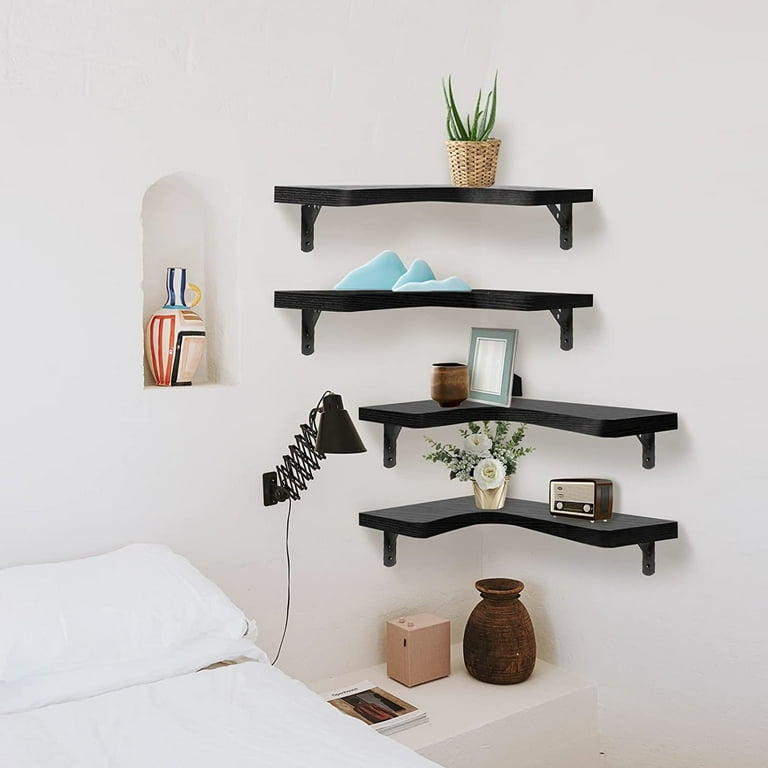 Floating Corner Shelves for Wall Décor Storage, Wall Shelves Set of 4, factory (Black)