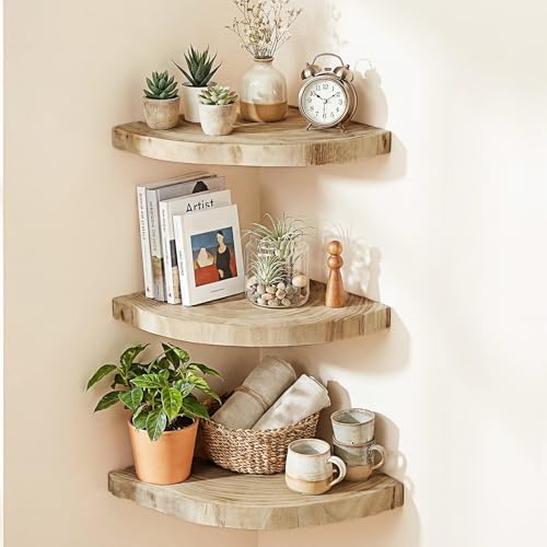 Corner Floating Shelves for Wall Set of 3, Solid Wood 7 Inch Rounded ...