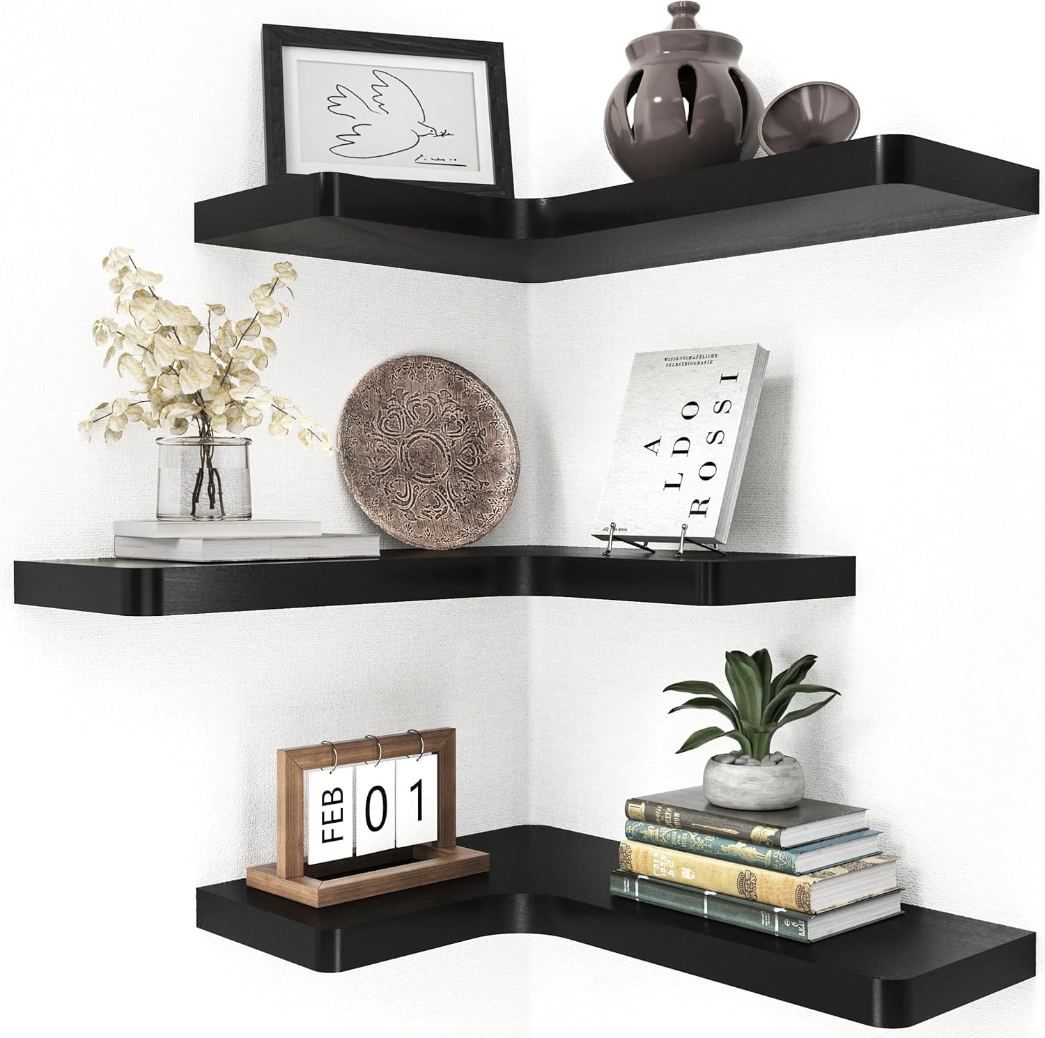 AYNEFY Corner Wall Shelves Set - 3 PC PVC Floating Shelves, White, Small Medium Large For Living Room, Bedroom, Bathroom