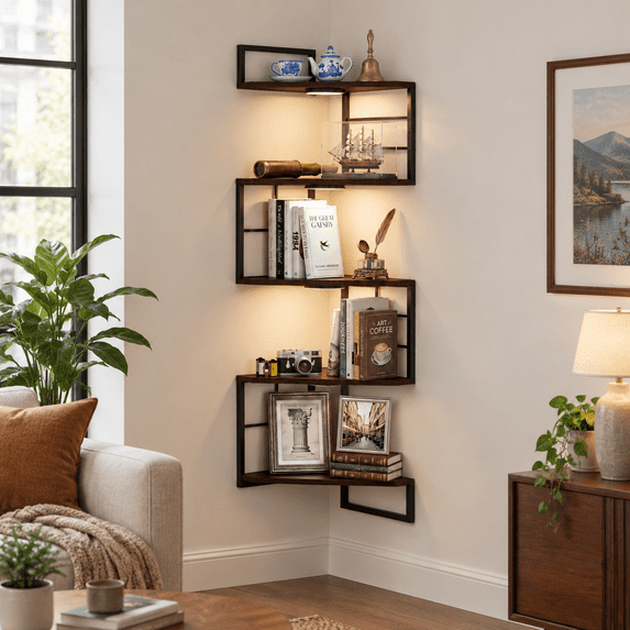 Mounted Display Shelf Racks Corner Floating Shelves With Lights - 5 Tiers Shled Light Bookshwall ...