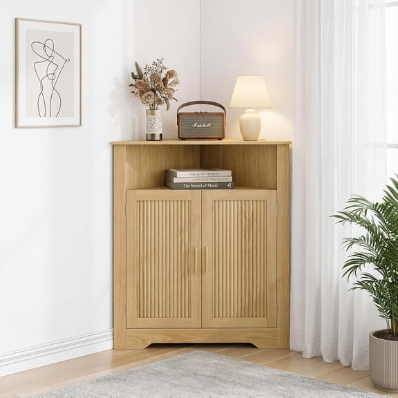 Corner Floor Cabinet with Fluted Door Adjustable Shelf Oak