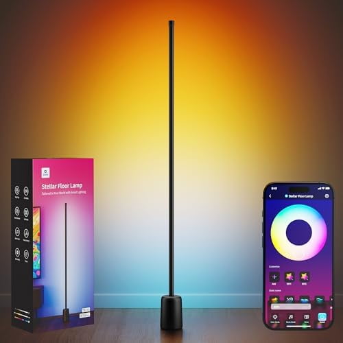 Corner Floor Lamp, 1500lm RGBW LED Lamp, Alexa & Google Assistant Compatible, 16 Million DIY Colors, Music Sync, App Control, Modern Smart Floor Lamp for Living Room, Bedroom, Black