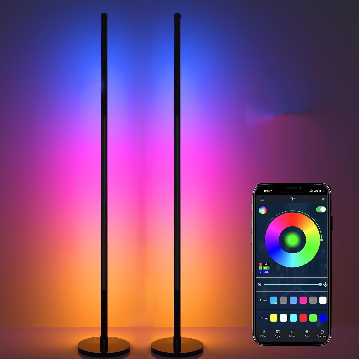 Corner Floor Lamp,2 PACK Smart RGB LED Corner Lamp with Spotlight, 10 Million Colors Changing LED Floor Lamp with App Control, Music Sync Timer Mood Lighting for Living Room, Christmas Decoration