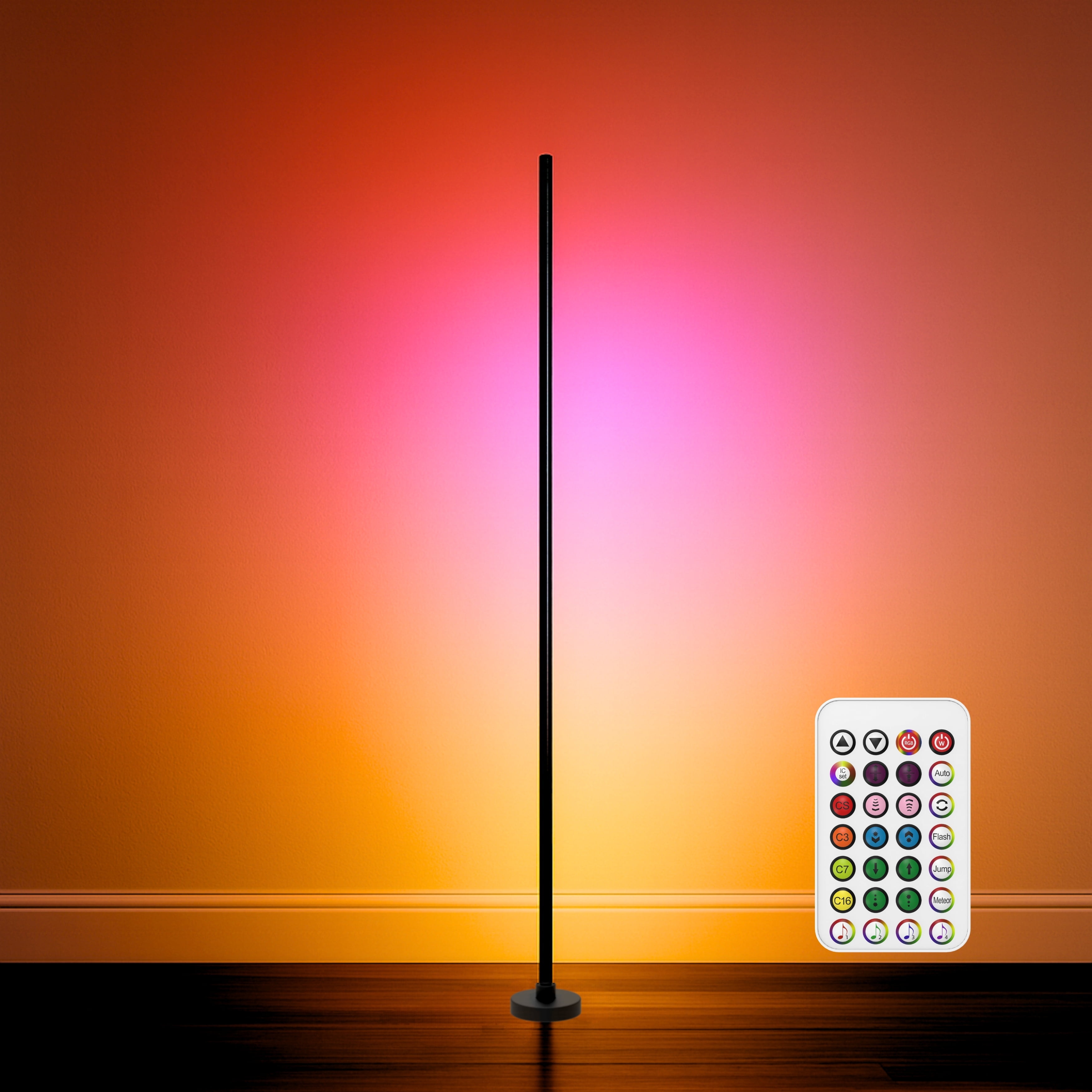 Corner Floor Lamp 58'' RGBICW LED with Music Sync, Remote Control, Color-Changing Ambient Lighting for Living Rooms, Gaming, Home Office (Round Base)