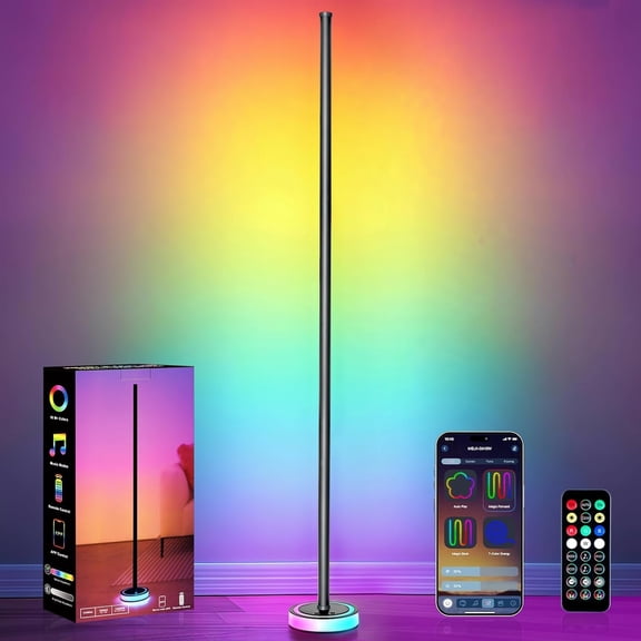 Corner Floor Lamp, RGBICW LED Standing Lamp with App Control, 16 Million Colors with Sync, Dimmable Ambient Light for Bedroom, Living Room, Decor (Black)