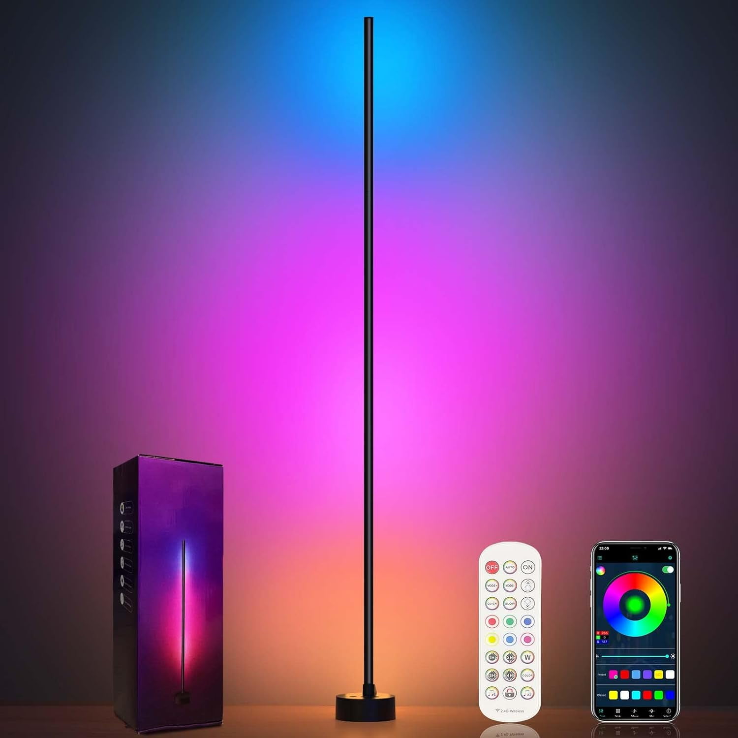 Adjustable RGB LED Corner Floor Lamp with Remote and App Control