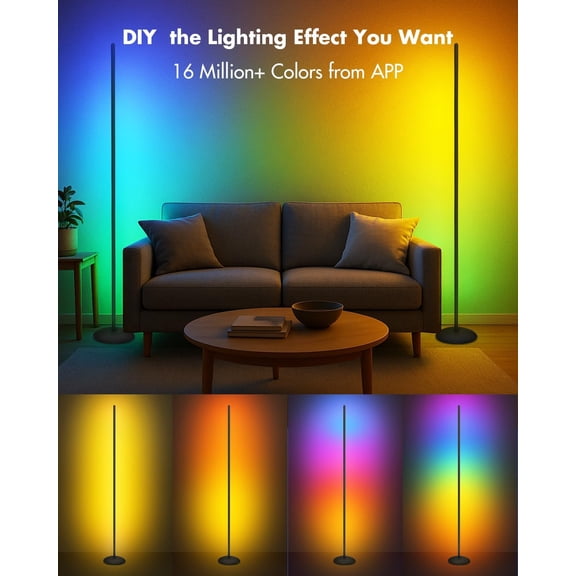 Corner Floor Lamp, Smart RGB LED Corner Lamp with App & Remote, Modern Floor Lamp with 16 Million Colors, Music Sync, Scene Modes, Color Changing Standing Lamps for Living Room, Bedroom
