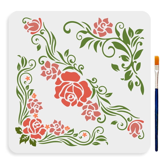 Corner Flower Rose Stencil 11.811.8inch 3 Styles Vintage Rose and Vine Pattern Reusable Rose Flower Stencils for Painting with Paint Brush for Wood