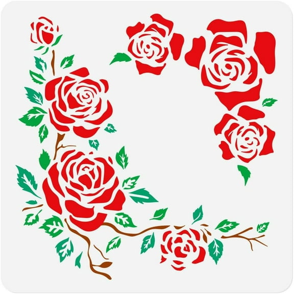 Corner Flower Rose Stencil Template Floral Pattern 11.8 x 11.8 Inch Plastic Reusable Art Stencils for Painting on Walls Floors Fabric Furniture Glass