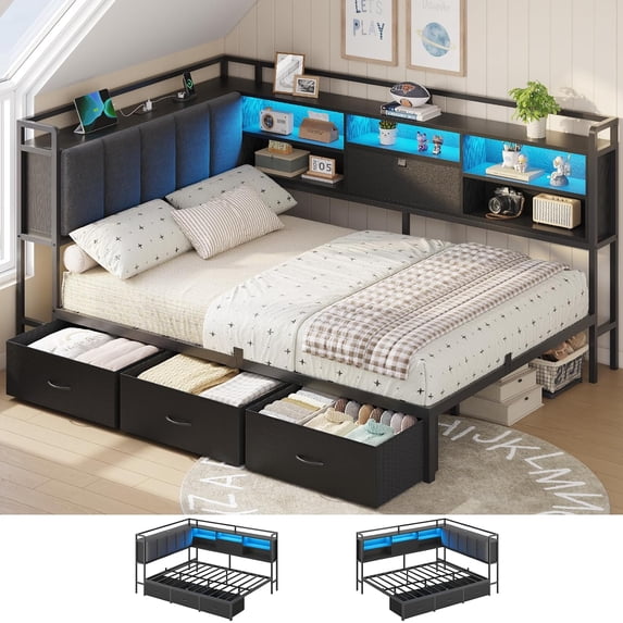 Corner Full Bed Frame with Charging Station, Led Lights and 3 Drawers, Full Size Platform Bed Frames with Upholstered Hidden Storage Headboard, Corner Daybeds for Teens, Black