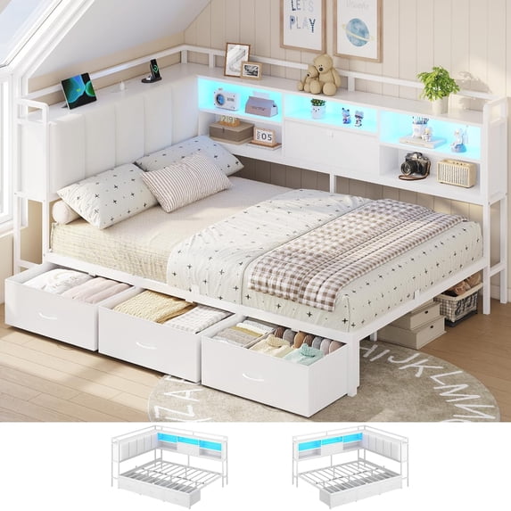 Corner Full Bed Frame with Charging Station, Led Lights and 3 Drawers, Full Size Platform Bed Frames with Upholstered Hidden Storage Headboard, Corner Daybeds for Teens, White