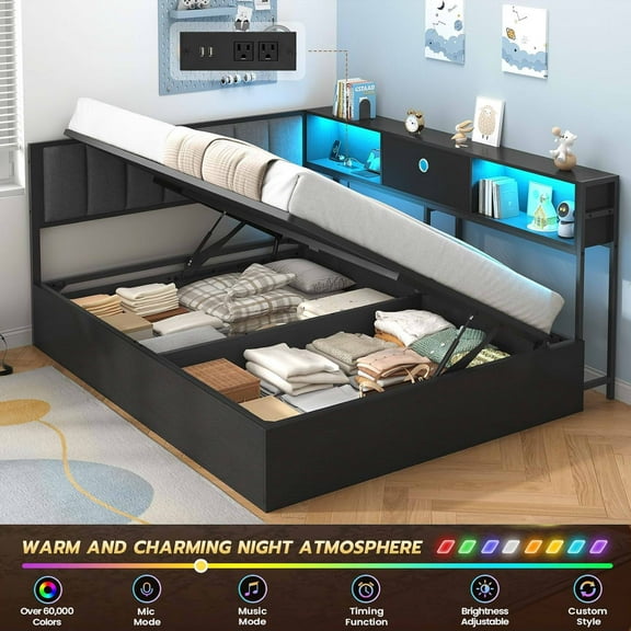 Corner Full Bed Frame with Charging Station and Led Lights and Hydraulic Storage, Full Lift Up Storage Daybed with Bookcase Headboard, Metal Upholstered Platform Bed Frame for Teen, Black