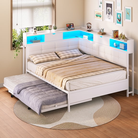 Corner Full Bed Frame with Trundle, LED Storage Headboard, White