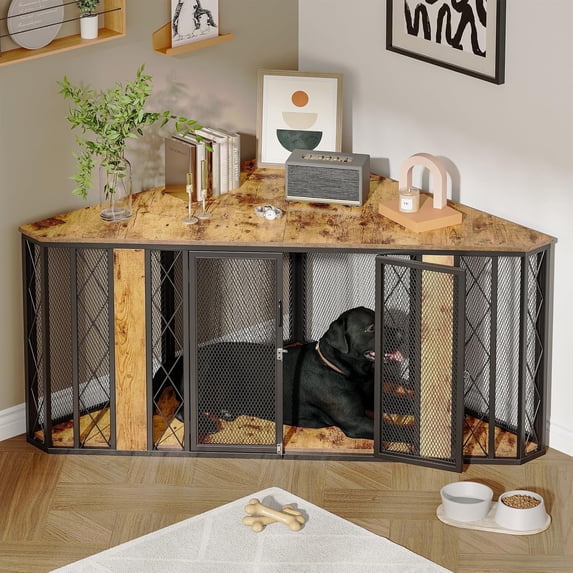 Corner Furniture Dog Crate 66 Inch Large Dog Kennel Furniture, Decorative Wood Dog Crate, Heavy Duty Dog Cage for Small Medium Large Dogs Breed, Double Dog Crate XL