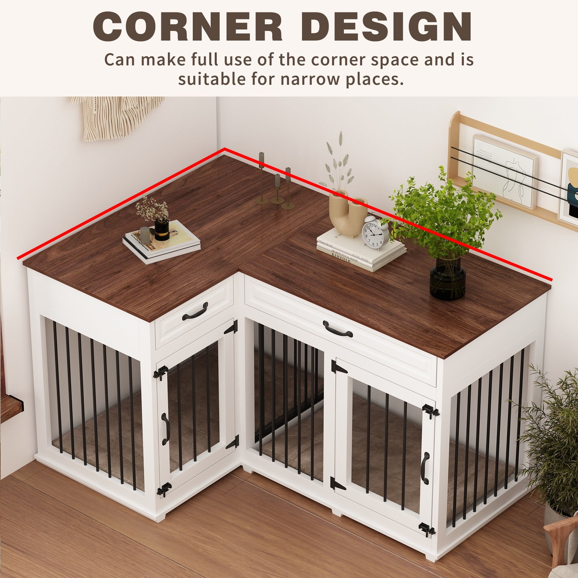 Corner FurnitureStyle Dog Crate with Convenient Storage and Divider