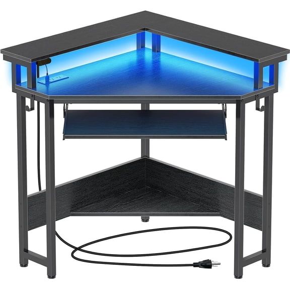 Corner Gaming Desk, 44.5" W x 34.5" H Small Computer Desk with Power Outlets, Home Office Desk with LED Lights, Triangle Corner Table with Keyboard Tray & Monitor Stand for Small Space, Black