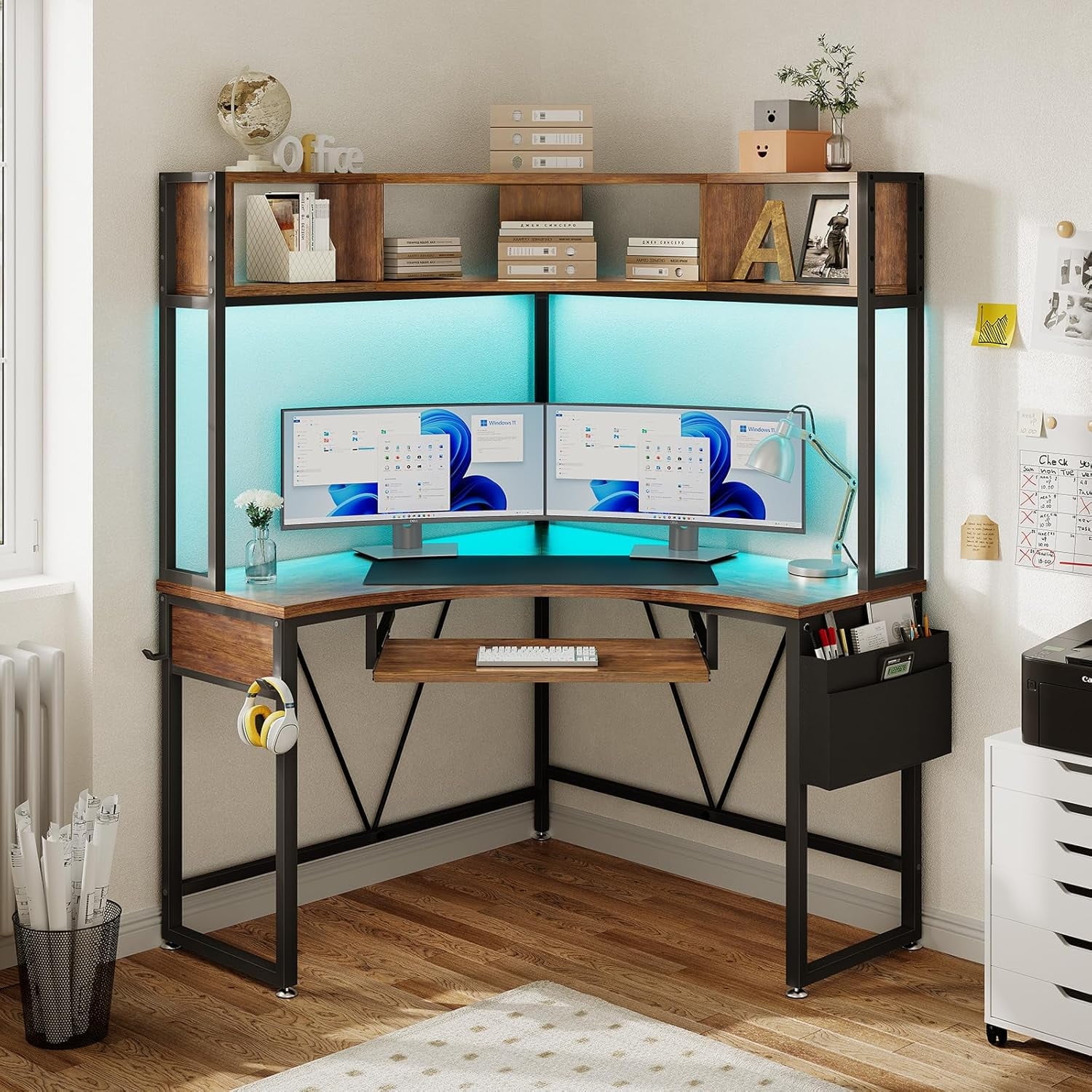 SEDETA Corner Gaming Desk with LED Lights&Hutch Computer Desk with Headphone Hook&Keyboard Tray for Bedroom, Rustic Brown