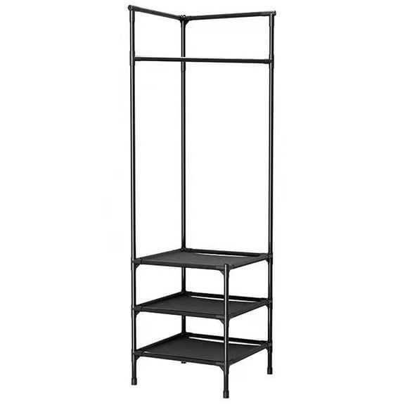 Corner Garment Rack Industrial Hall Tree Corner Organizer with 3-Tier Shelf for Bedroom Laundry Room Entryway Living Room Office Black