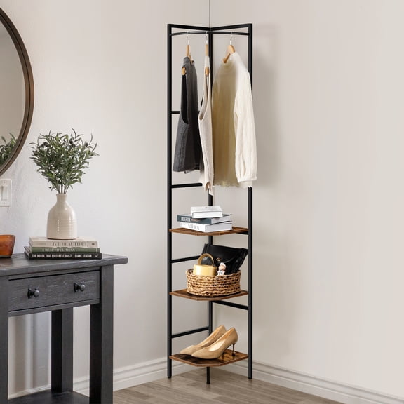 Corner Garment Rack with 3 Wooden Shelves, Industrial Corner Coat Rack with Hanging Rod for Entryway, Bedroom