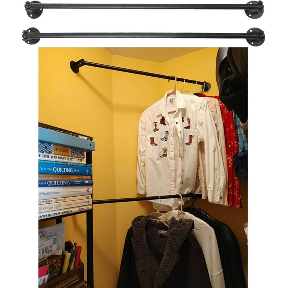 Corner Garment Rod 34 inches 2 Pack Ind rial Pipe Clothes Hanging Bar For Corner Angle Adj able Wall Mounted Clothes Rack Black Space Saving Metal Dryer Rails