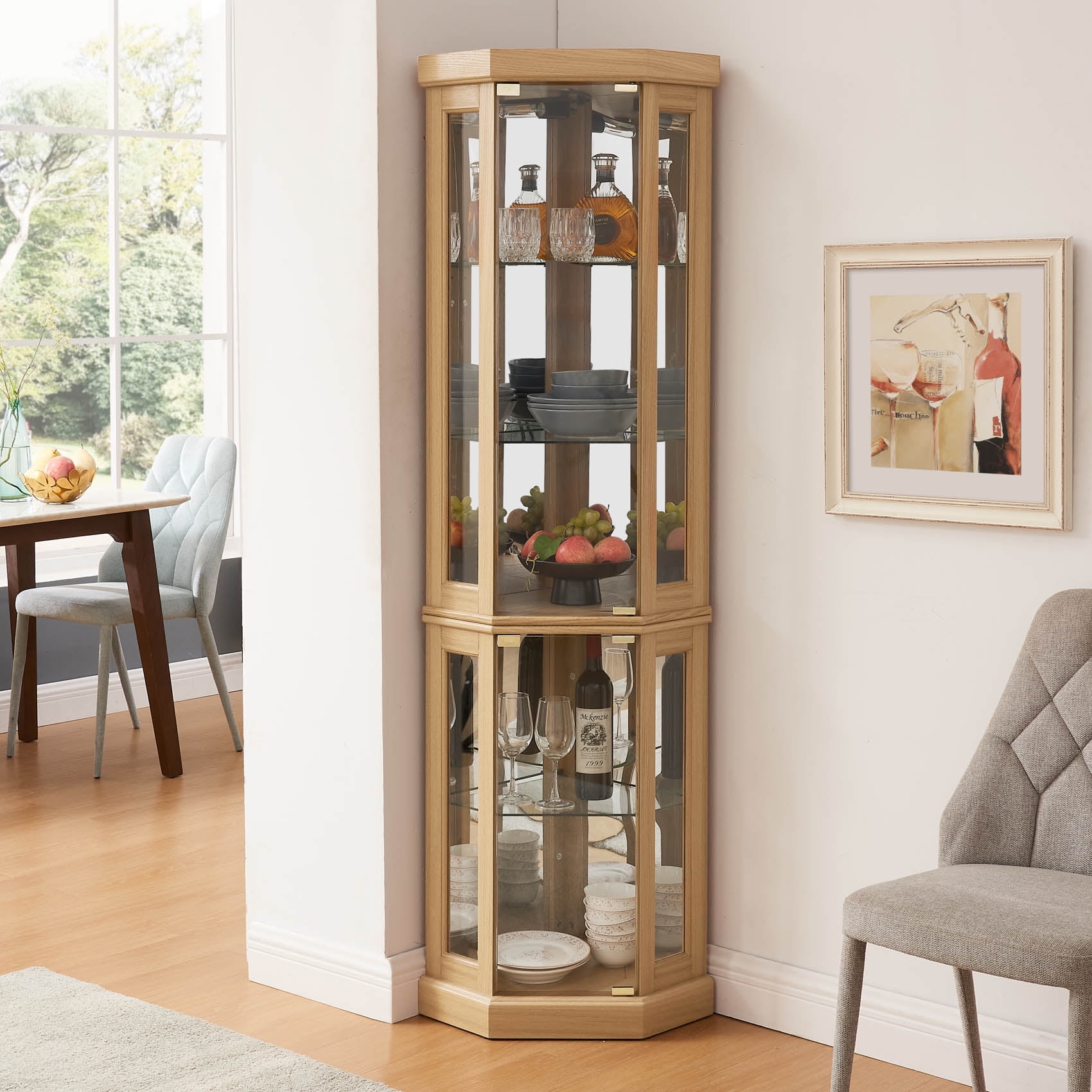 Light Oak Corner Glass Lighted Curio Cabinet