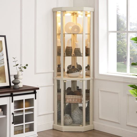 Corner Glass Curio Cabinet with Light Mirrored Back Adjustable Shelves Antique Collection Storage Solution for Living Room Classical Design