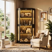 Corner Glass Display Cabinet with 4 Shelves, 3-Color LED Lights, Motion Sensor & Charging Ports, Modern Storage for Collectibles, Books & Toys, Ideal for Living Room & Dining Room, Black