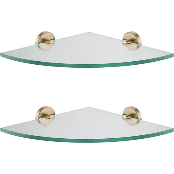 Corner Glass Shelf, Champagne Bronze Bathroom 304 Stainless Steel Shower Triangle Floating Wall Shelf, 10 x 10 Tempered Glass, 2 Pack, TGS190L10-CB-P2