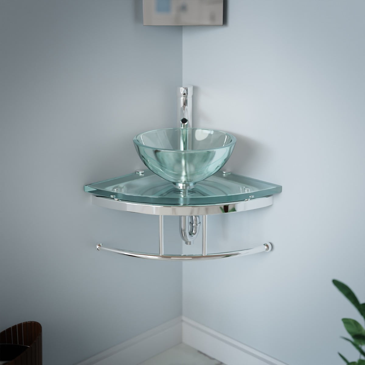 Round Corner Clear Tempered Glass Wall Mount Sink with Chrome Faucet