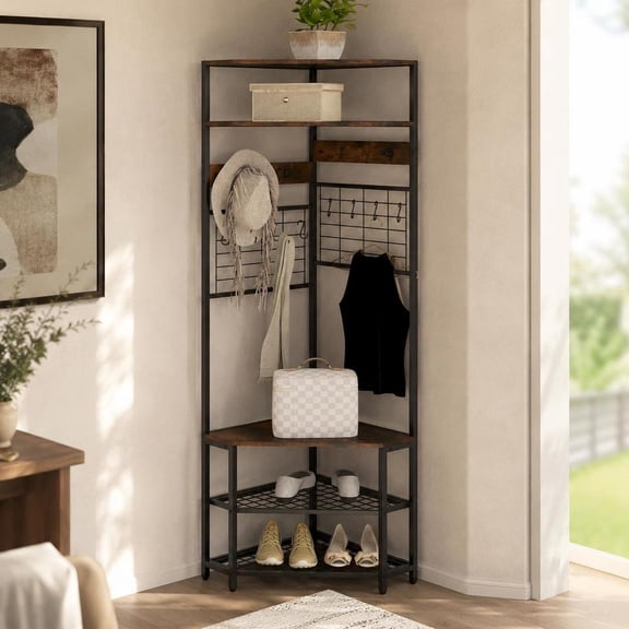 Corner Hall Tree, 5-Tier with Shoe Storage Bench, Rustic Brown, Metal Frame, 4 Fixed Hooks, 8 Removable Hooks