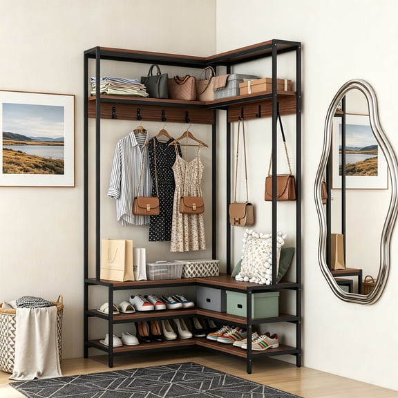 Corner Hall Tree, 70" Coat Rack with Bench and Shoe Storage, Entryway Furniture with 7 Hooks, Heavy Duty Metal Frame, Space Saving Clothes Rack and Shoe Shelf Organizer, Brown