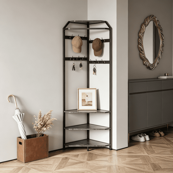 Corner Hall Tree with Bench & Shoe Storage, 4-Tier Coat Rack with 12 Hooks, Freestanding Entryway Organizer with Anti-Tipping Design for Mudroom, Bedroom, Living Room, Gray