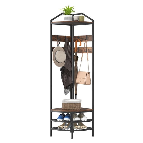 Corner Hall Tree Coat Rack - Industrial 4-Tier Shoe Storage - 8 Hooks - Rustic Brown Entryway Organizer