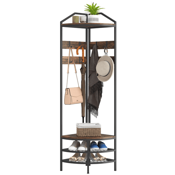Corner Hall Tree Coat Rack, Industrial 4-Tier Shoe Storage, 8 Hooks, Rustic Brown
