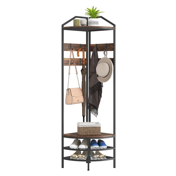 Corner Hall Tree Coat Rack, Industrial 4-Tier Shoe Storage, 8 Hooks, Rustic Brown