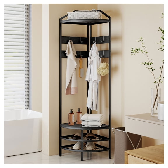 Corner Hall Tree Coat Rack, Industrial Shoe Storage - 4 Tier, 8 Hooks - Entryway Organizer for Hallway, Black