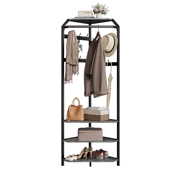 Corner Hall Tree Coat Rack with Shoe Bench – with 12 Double Hooks & 3 Shoe Storage Shelves – Space-Saving Hallway Organizer for Coats, Hats, Shoes, Stone Grey