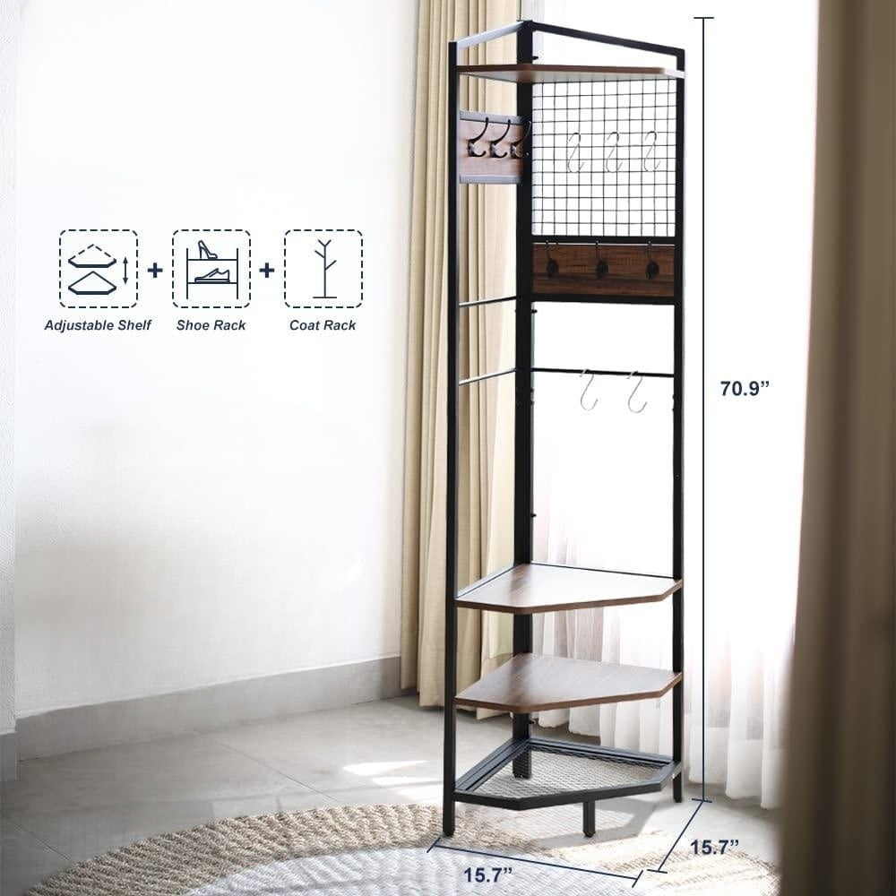 Corner Hall Tree, Coat Rack with Shoe Rack and Storage Shelf, Entryway Corner Organizer Coat
