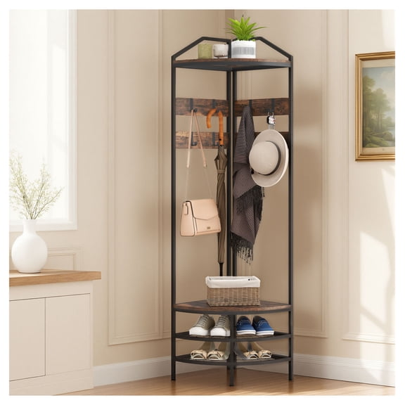 Corner Hall Tree Coat Rack with Shoe Storage, Industrial 4-Tier Entryway Organizer, 8 Hooks & 2 Shelves, Rustic Brown