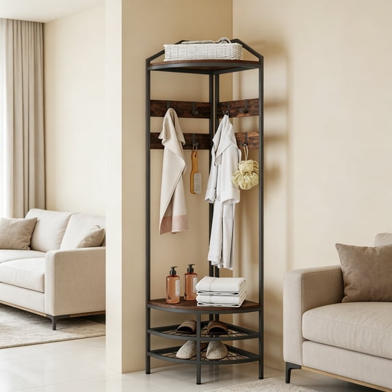 Corner Hall Tree, Industrial 4-Tier Coat Rack with Shoe Storage, 8 Movable Hooks and 2 Storage Shelves, Freestanding Entryway Coat Rack with Steel Frame for Hallway, Rustic Brown