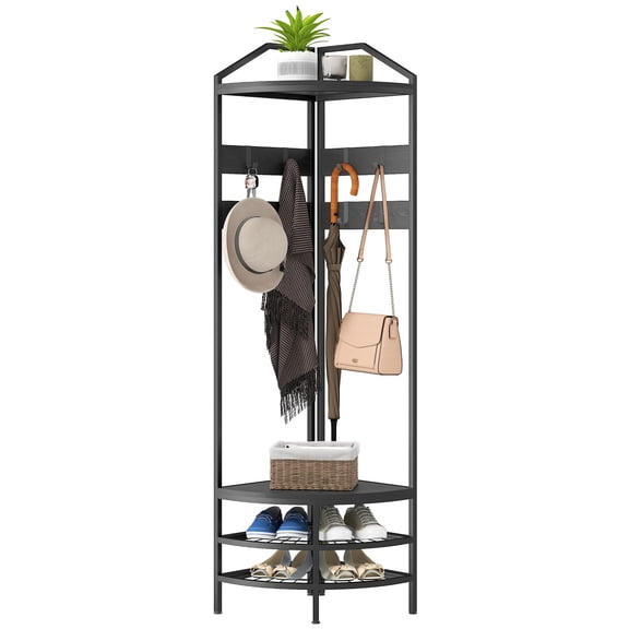 Corner Hall Tree, Industrial 4-Tier Coat Rack with Shoe Storage, 8 Hooks & 2 Shelves, Black