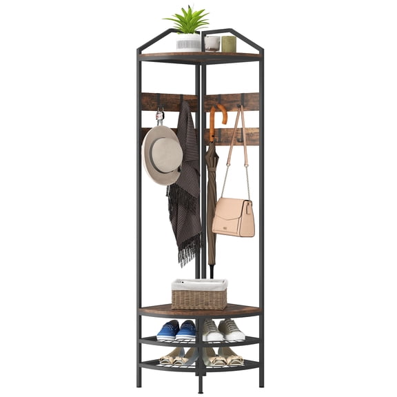 Corner Hall Tree, Industrial 4-Tier Coat Rack with Shoe Storage, 8 Hooks & 2 Shelves, Rustic Brown