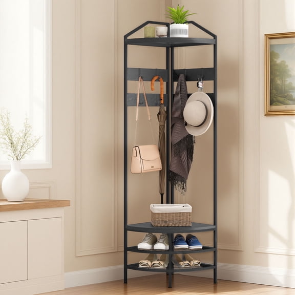 Corner Hall Tree, Industrial 4-Tier Coat Rack with Shoe Storage, 8 Movable Hooks and 2 Shelves for Hallway, Black