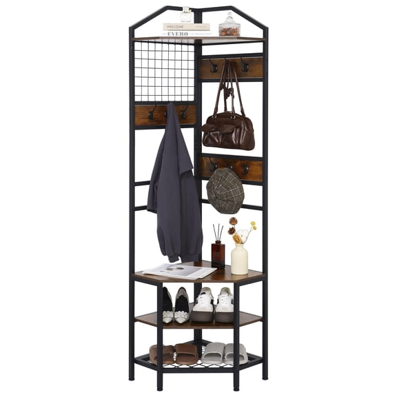 Corner Hall Tree Organizer With Hooks And 4 Shelves In Standard Finish